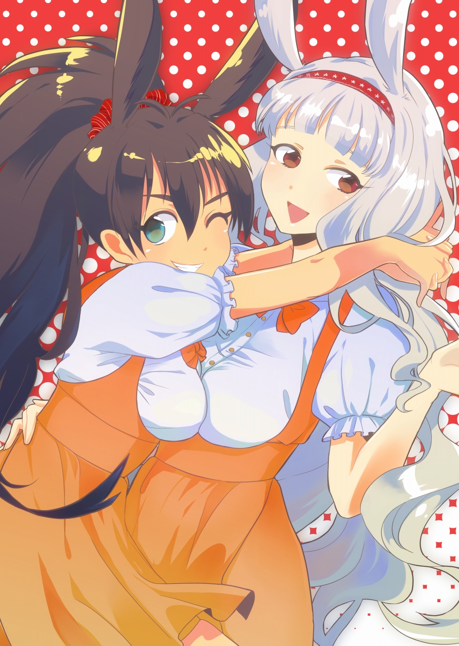 :d akai_ginkou animal_ears anna_miller antenna_hair bad_id bad_pixiv_id black_hair blue_eyes bow breast_press breasts ganaha_hibiki grin hairband highres hug idolmaster idolmaster_(classic) long_hair medium_breasts multiple_girls one_eye_closed open_mouth orange_skirt polka_dot ponytail red_eyes shijou_takane silver_hair skirt smile symmetrical_docking waitress