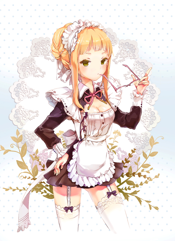anmi blonde_hair blush breasts cleavage eyewear_removed garter_straps glasses green_eyes hairband hand_on_hip holding holding_eyewear maid medium_breasts mouth_hold original solo thighhighs white_legwear
