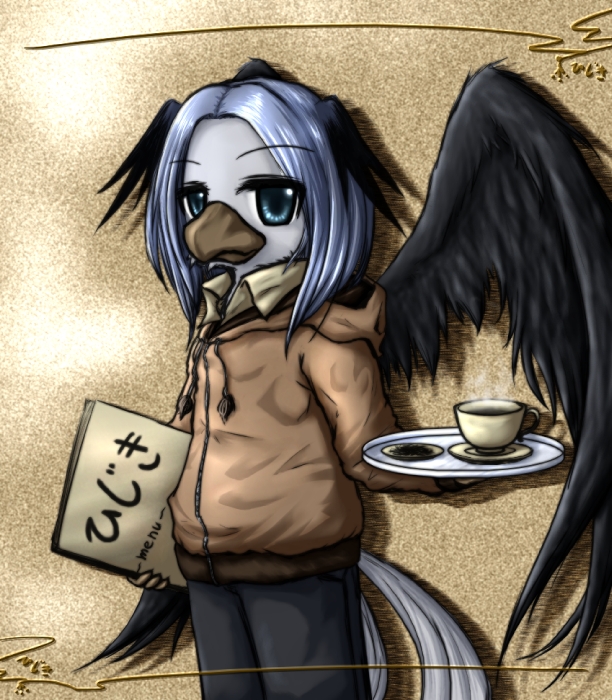 2010 avian bird blue_eyes blue_hair cup hair jacket japanese_text looking_at_viewer male pandhets pants short_hair solo tail wings