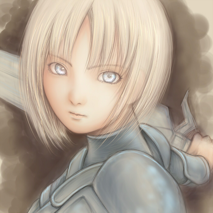 1girl armor bad_id bad_pixiv_id blonde_hair clare_(claymore) claymore claymore_(sword) face short_hair silver_eyes sketch solo sword weapon