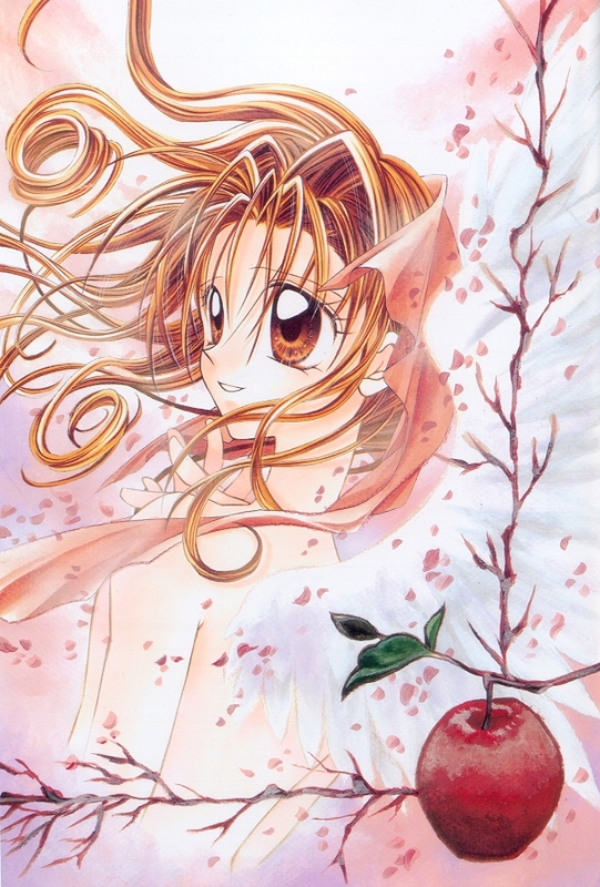 90s angel angel_wings apple back branch brown_eyes brown_hair cloth food fruit hands_clasped kamikaze_kaitou_jeanne kusakabe_maron light_smile nude official_art own_hands_together pale_color petals solo tanemura_arina traditional_media wind wings