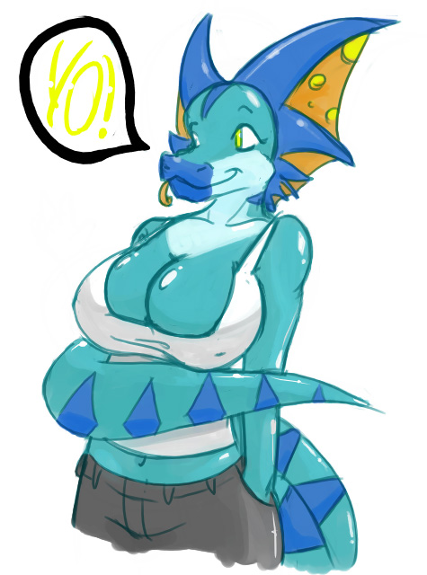 breasts clothing dragon female hand_in_pocket huge_breasts scalie skea skeeve solo tongue_out