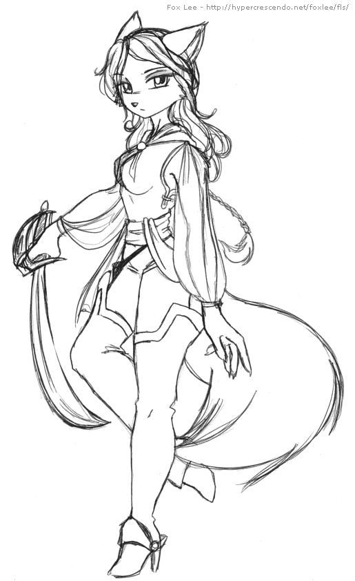 canine cute female fox fox_lee looking_at_viewer mammal monochrome pirate plain_background sketch solo sword weapon white_background