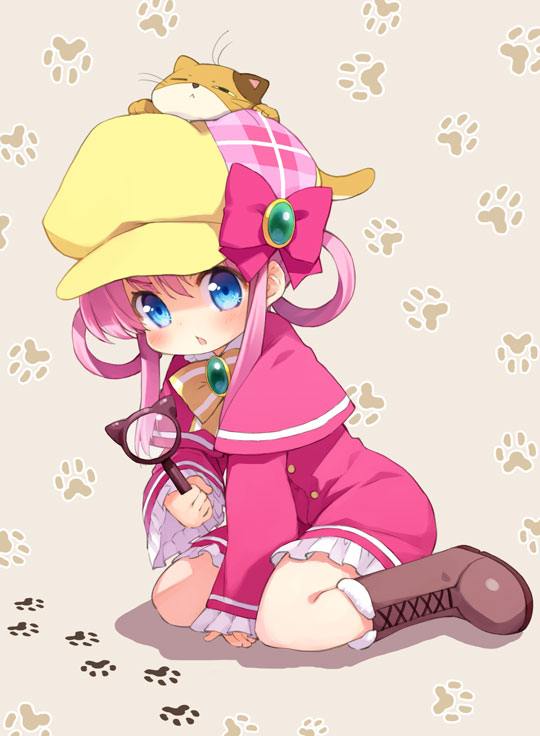 animal animal_on_head bad_id bad_pixiv_id between_thighs blue_eyes blush boots bow cat cat_on_head child hat kamaboko_(milky_holmes) kito_(sorahate) magnifying_glass on_head paw_print pink_bow pink_hair sherlock_shellingford sitting solo tantei_opera_milky_holmes wariza