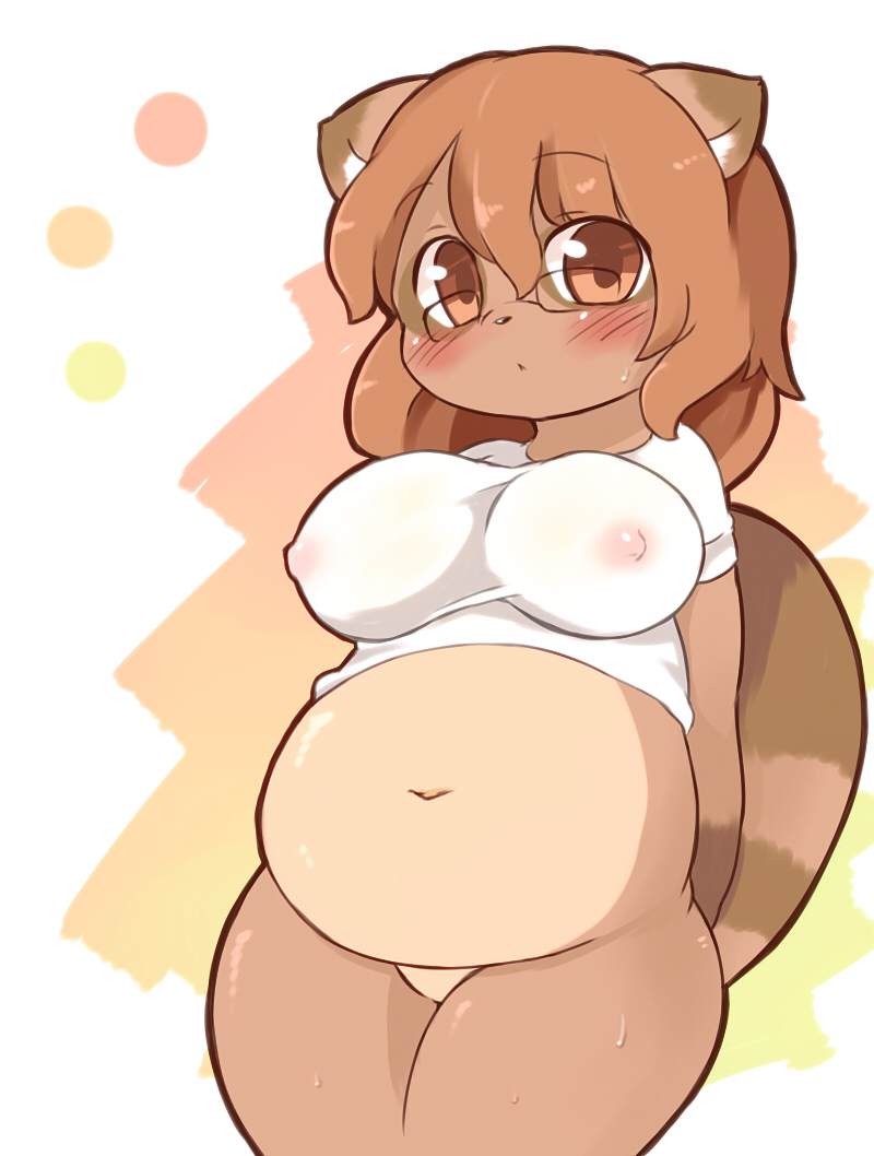 belly big_breasts blush bottomless breasts brown brown_eyes brown_fur brown_hair clothing color_swatch eyewear fat female fur glasses hair huge_breasts looking_at_viewer mammal mcdonnell-douglas navel nipples overweight pince-nez pregnant raccoon ringed_tail shirt solo standing striped_tail tail thick_thighs