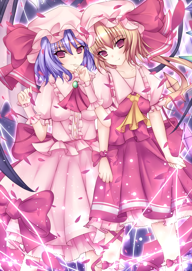 bad_id bad_pixiv_id blonde_hair blue_eyes bow dress fang flandre_scarlet frills hat mikan_(5555) multiple_girls petals red_eyes remilia_scarlet short_hair siblings side_ponytail sisters smile touhou wings wrist_cuffs