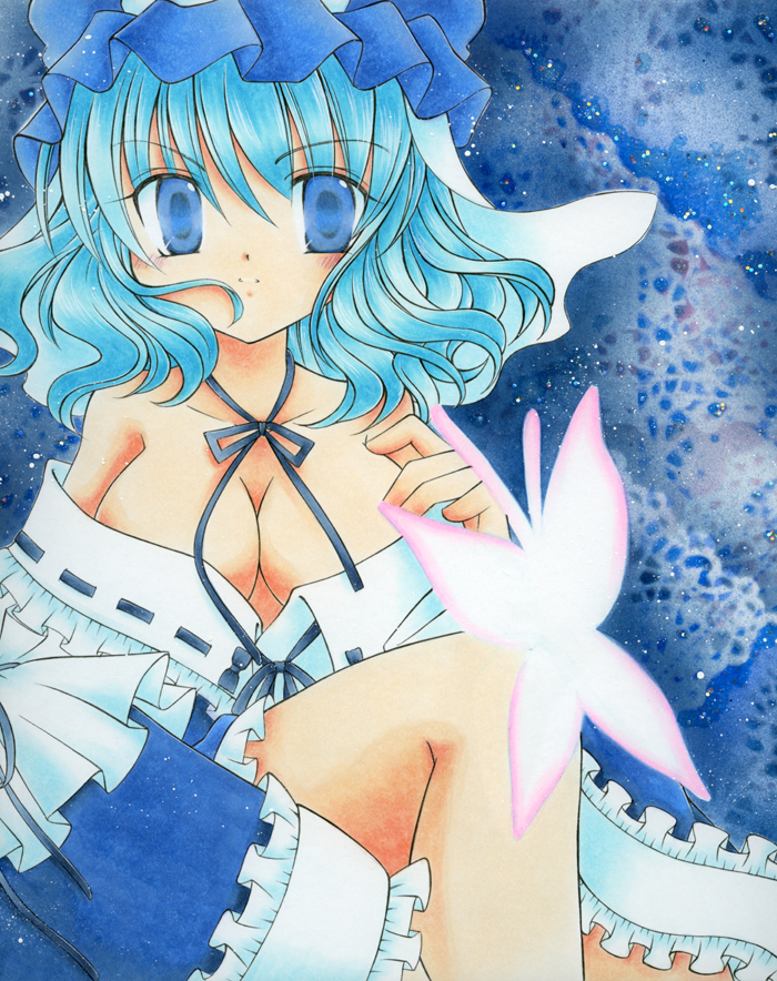 alternate_color bare_shoulders blue_eyes blue_hair breasts bug butterfly choker cleavage ghost hat insect japanese_clothes kazra medium_breasts off_shoulder saigyouji_yuyuko shikishi solo touhou