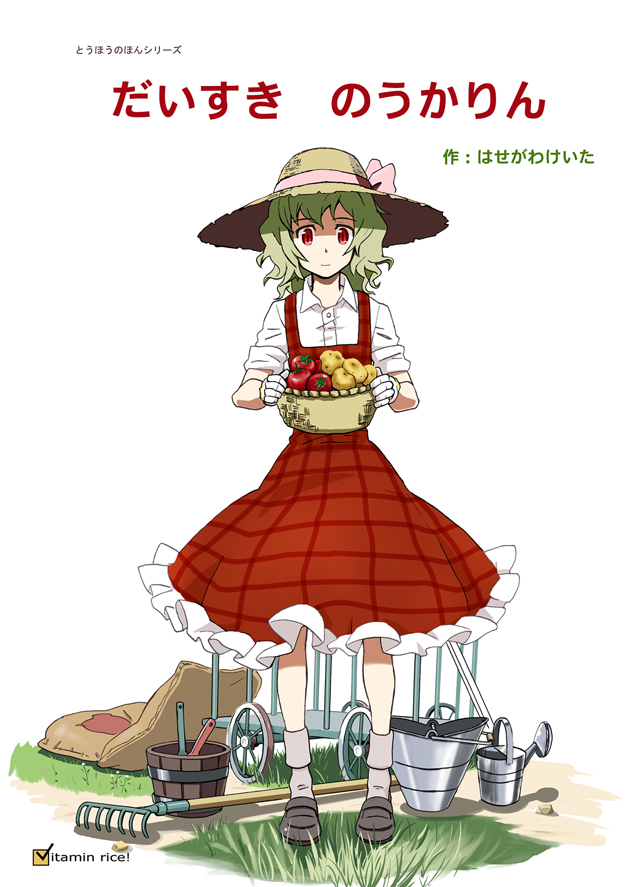 basket bucket cover cover_page dress fertilizer gloves green_hair hasegawa_keita hat kazami_yuuka pinafore_dress plaid plaid_dress potato rake red_eyes short_hair simple_background sleeves_rolled_up solo straw_hat tomato tools touhou translated watering_can white_background