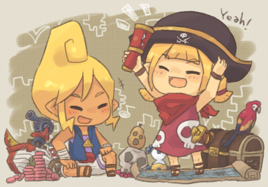 aryll bird blonde_hair hat macaw map multiple_girls neckerchief parrot pirate scarlet_macaw ship skull smile telescope tetra the_legend_of_zelda the_legend_of_zelda:_the_wind_waker treasure_chest tsutsuji twintails watercraft