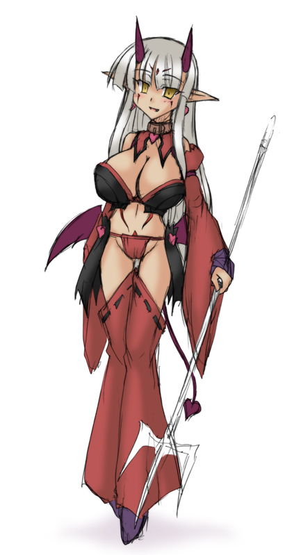 artist_request breasts collar corruption crooked_navel demon_girl horns large_breasts polearm silver_hair source_request spear succubus tail tan transformation trident weapon wings yellow_eyes