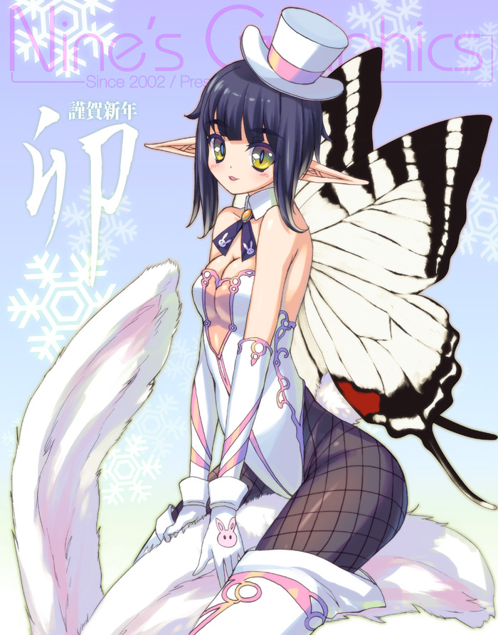 animal_ears bad_id bad_pixiv_id black_hair bunny_ears bunnysuit butterfly_wings fairy fishnet_pantyhose fishnets genshi gloves hat original pantyhose pointy_ears riding short_hair solo top_hat wings yellow_eyes