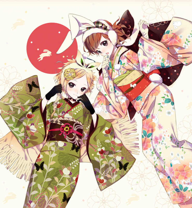 animal_ears bad_id bad_pixiv_id bunny_ears japanese_clothes kimono komagarita lying multiple_girls new_year original