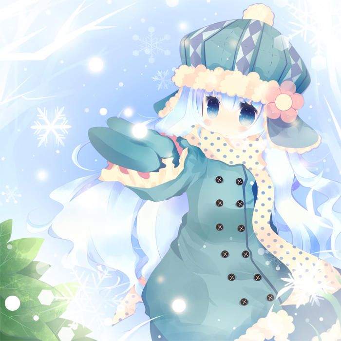 beanie blue_eyes blue_hair blush coat hat kurata_yumi long_hair mittens original outstretched_arm outstretched_hand scarf snow snowflakes solo winter winter_clothes