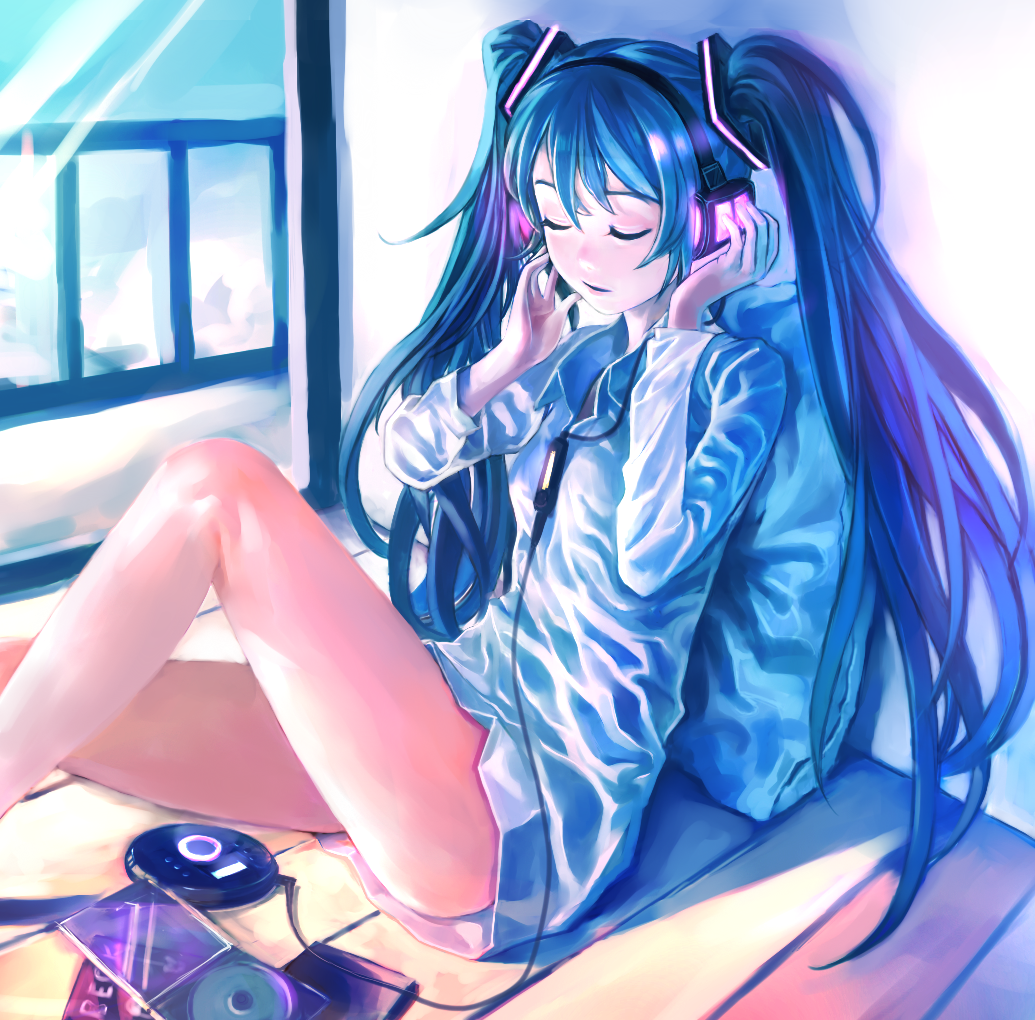 blue_hair cd cd_player closed_eyes hatsune_miku headphones long_hair no_pants pillow sitting solo twintails very_long_hair vocaloid zrero