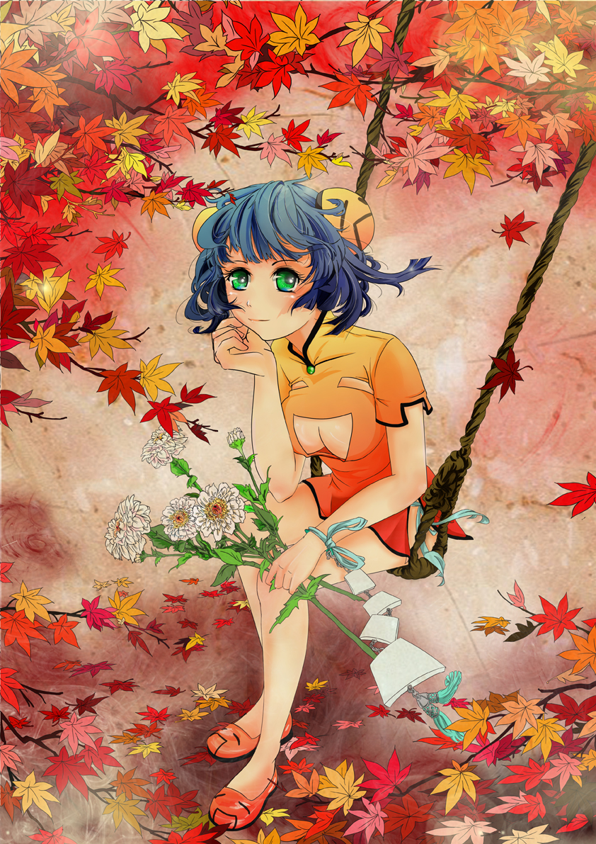 acatindoor autumn bad_id bad_pixiv_id china_dress chinese_clothes dress flower leaf original sitting solo swing