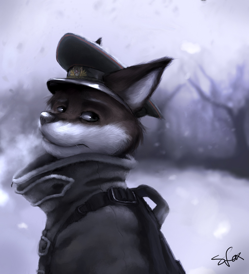 ? canine clothed clothing communist fox hammer_and_sickle hat looking_at_viewer male mammal peaked_cap scenery snow solo soviet strange-fox tree uniform wood