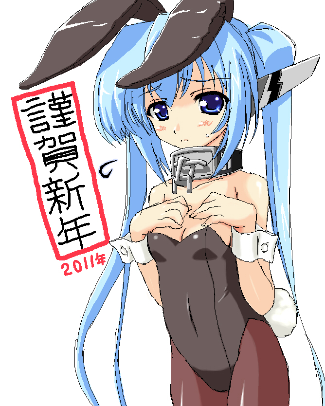 2011 alternate_costume animal_ears aonagi_hayate bad_id bad_pixiv_id bangs bare_shoulders black_legwear blue_eyes blue_hair blush breast_suppress breasts broken broken_chain bunny_ears bunny_tail bunnysuit chain collar covered_navel cowboy_shot dated embarrassed fake_animal_ears fake_tail flying_sweatdrops frown hands_on_own_chest leotard long_hair new_year nymph_(sora_no_otoshimono) oekaki pantyhose parted_bangs raised_eyebrows robot_ears sideboob sidelocks simple_background sketch small_breasts solo sora_no_otoshimono strapless strapless_leotard sweatdrop tail twintails very_long_hair white_background wrist_cuffs