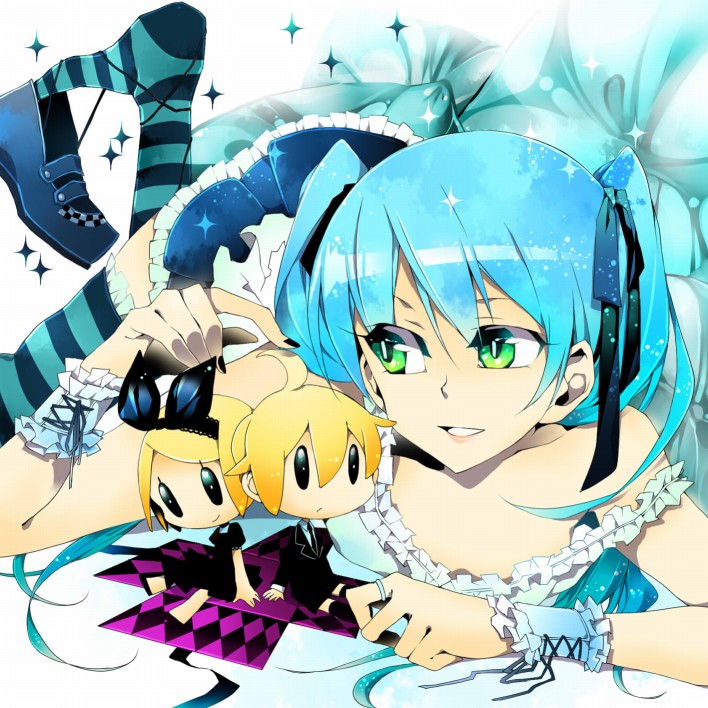 2girls aqua_eyes aqua_hair bad_id bad_pixiv_id hair_ribbon hatsune_miku kagamine_len kagamine_rin long_hair lying multiple_girls on_stomach puppet ribbon sgawarananto smile striped striped_legwear thighhighs twintails vocaloid