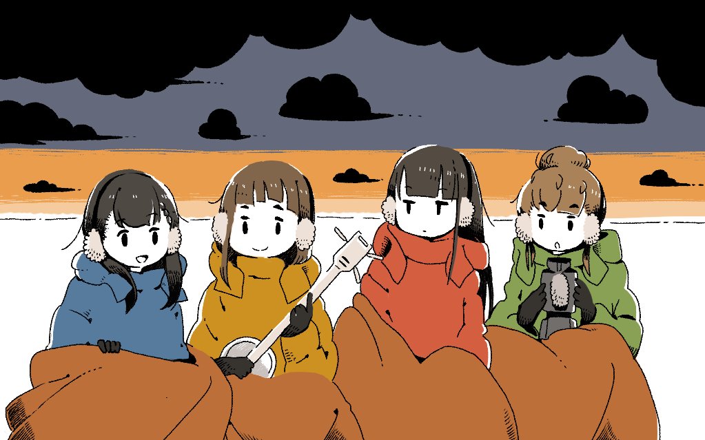 4girls bangs black_gloves black_hair blanket blue_coat blunt_bangs brown_hair cloud coat gloves green_coat instrument kobuchizawa_shirase long_hair long_sleeves miyake_hinata multiple_girls no_nose red_coat shiraishi_yuzuki sora_yori_mo_tooi_basho tamaki_mari tameikirakuda yellow_coat