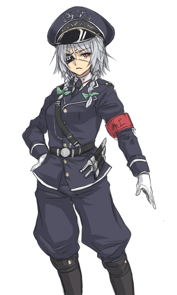 braid eyepatch gloves hat houtengeki izayoi_sakuya military military_uniform peaked_cap red_eyes short_hair silver_hair simple_background solo touhou twin_braids uniform white_background