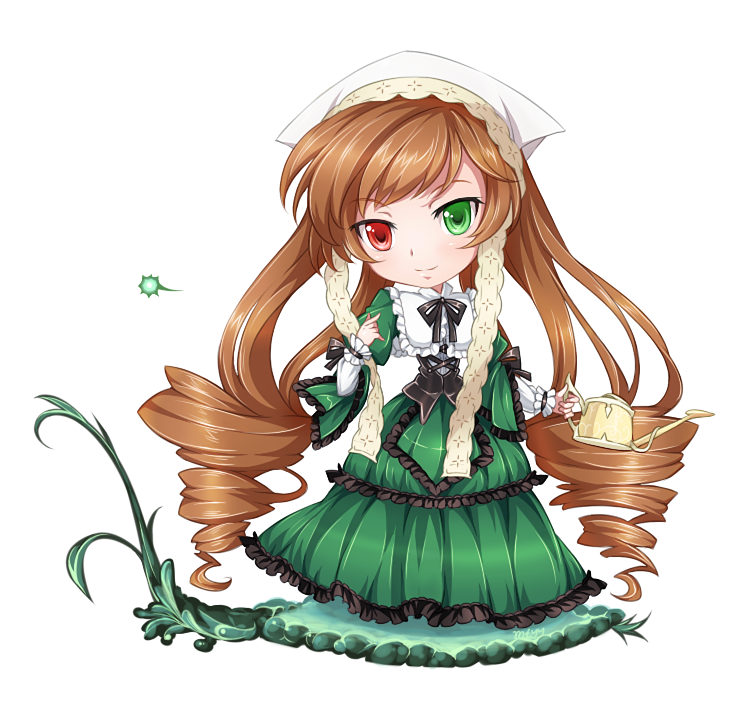 bad_id bad_pixiv_id blush bow brown_hair chibi dress drill_hair frills full_body green_eyes hairband heterochromia long_hair mtyy red_eyes ribbon rozen_maiden smile solo standing suiseiseki transparent_background very_long_hair watering_can