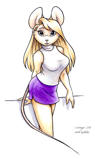 anthro big_breasts blonde_hair breasts collaboration female hair j.w._kennedy mammal megan_giles mouse plain_background rat rodent skirt solo white_background