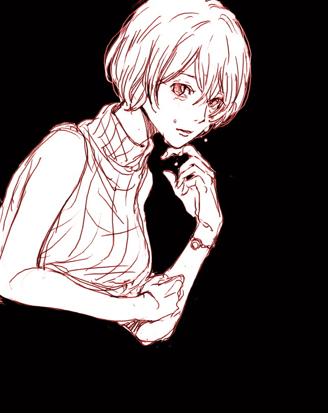 bare_arms bare_shoulders black_background breasts crying crying_with_eyes_open greyscale hair_between_eyes looking_at_viewer medium_breasts meiko monochrome red ribbed_sweater simple_background sleeveless sleeveless_turtleneck solo sweater tears turtleneck turtleneck_sweater upper_body vocaloid watch wristwatch yuzuko