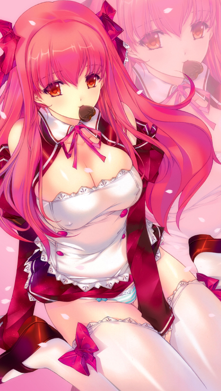 amane_(dream_c_club) bow breasts cleavage detached_sleeves dream_c_club dream_c_club_(series) hair_bow heart large_breasts long_hair maid mary_janes min-naraken mouth_hold panties petals red_eyes red_hair ribbon shoes solo striped striped_panties thighhighs underwear waitress zoom_layer
