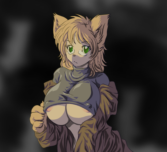 areola artist_request bb big_breasts breasts clothing eyewear female furry glasses green_eyes hataraki_ari large_breasts nipples paws solo source_request tight_clothing turtleneck under_boob underboob undressing unknown_artist