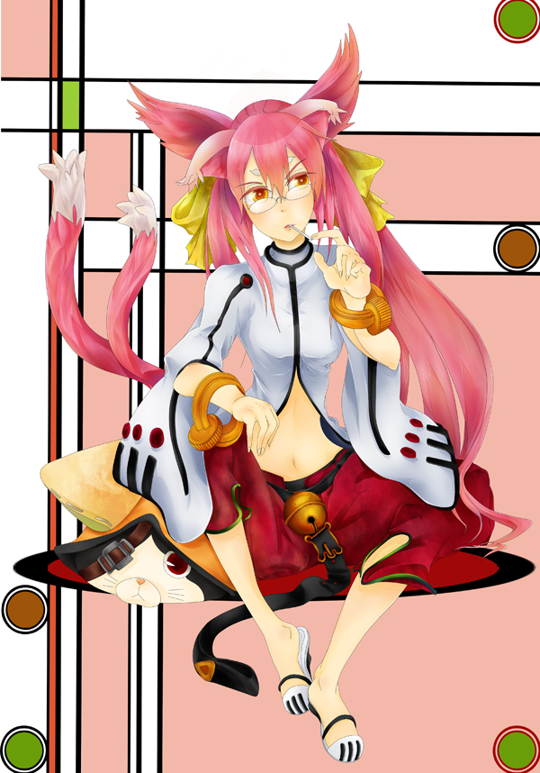 animal_ears arc_system_works bell belt blazblue bracelet cat_ears cat_tail female full_body glasses heta-19 jewelry jubei_(blazblue) kokonoe labcoat long_hair midriff multiple_tails orange_eyes pants pink_hair ponytail ribbon sandals sitting solo tail yellow_ribbon