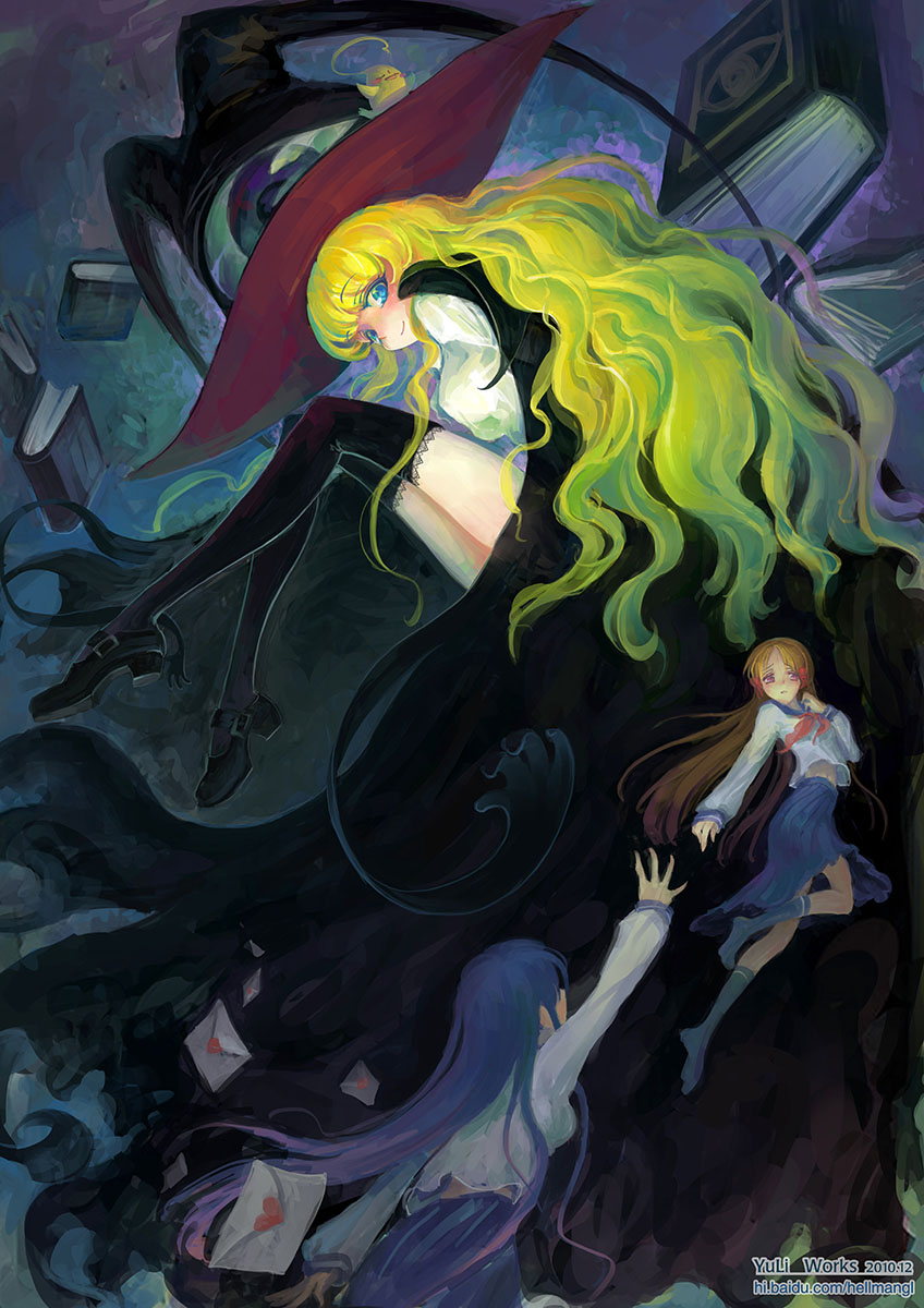azuma_hatsumi azuma_hazuki bird black_legwear blonde_hair blue_eyes blue_hair book cape darkness eyes faux_traditional_media from_behind hat highres ken-chan kneehighs legs letter lilith_(yamibou) long_hair love_letter mary_janes multiple_girls outstretched_arm outstretched_hand pleated_skirt school_uniform serafuku shoes skirt thighhighs wavy_hair witch_hat yami_to_boushi_to_hon_no_tabibito yu_li
