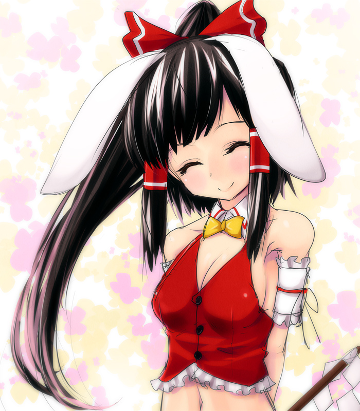 adapted_costume akai_ronii animal_ears armband arms_behind_back bad_id bad_pixiv_id bare_shoulders black_hair bow bowtie breasts bunny_ears bustier buttons cleavage closed_eyes gohei hair_bow hair_tubes hakurei_reimu head_tilt lingerie long_hair medium_breasts midriff navel ponytail smile solo touhou underwear