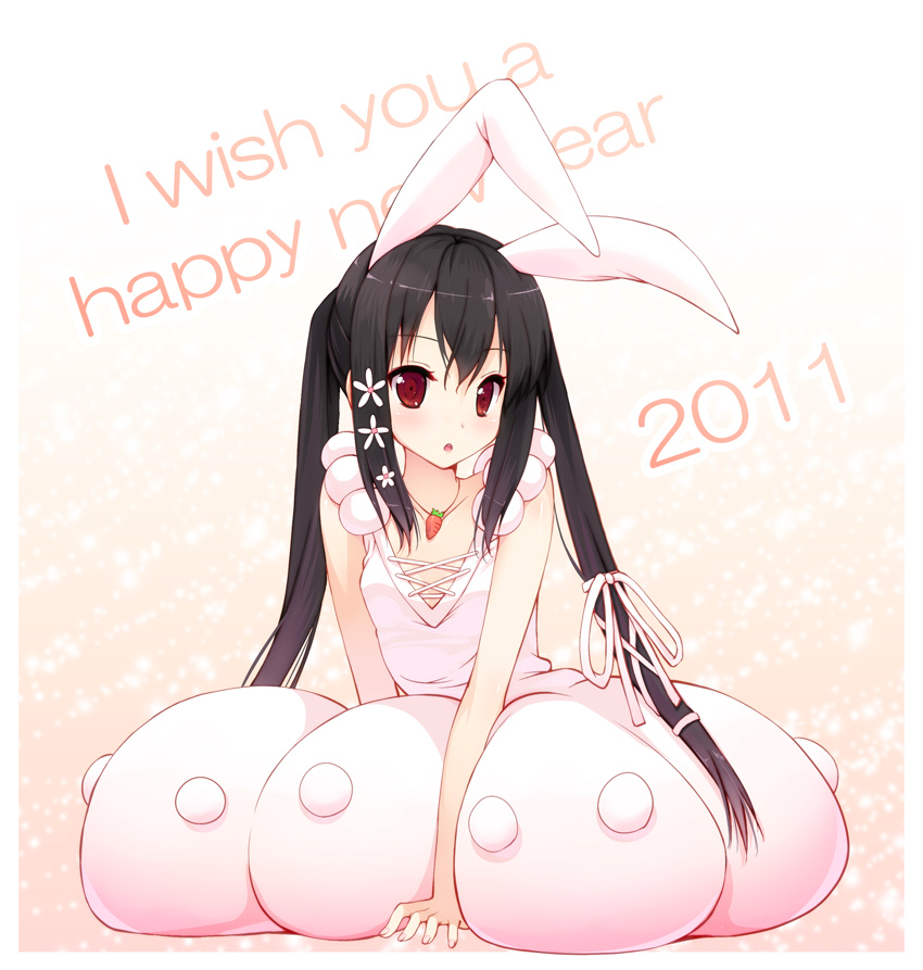 2011 animal_ears black_hair brown_eyes bunny_ears carrot carrot_necklace dress english hair_ribbon jewelry k-on! long_hair nakano_azusa necklace new_year ribbon senji_(tegone_spike) solo twintails