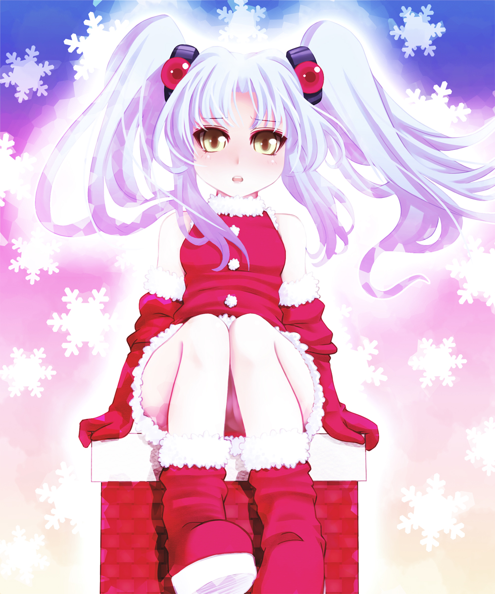 blue_hair blush boots chimney christmas ebi_tendon gloves highres hoshino_ruri kidou_senkan_nadesico red_gloves santa_costume short_hair solo twintails yellow_eyes