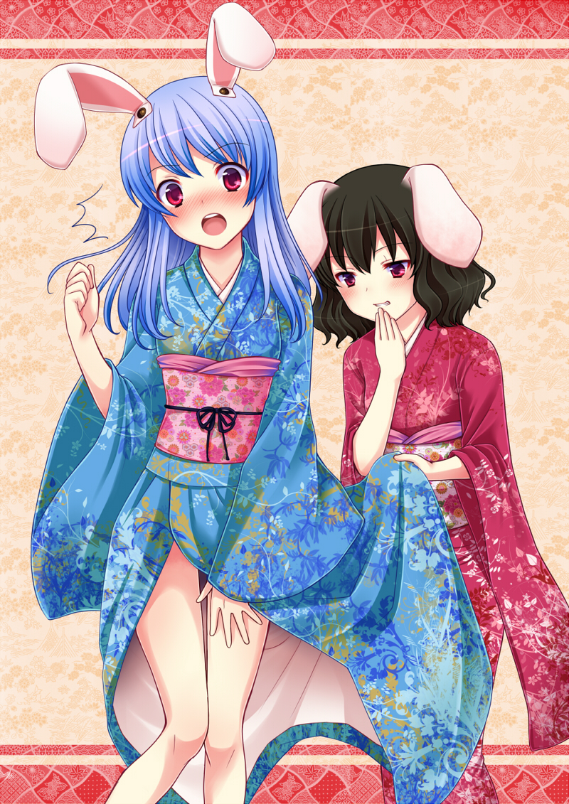 2girls alternate_hair_color animal_ears bad_id bad_pixiv_id bare_legs blue_hair blush brown_hair bunny_ears clenched_hand clothes_lift floral_print grin hand_to_own_mouth inaba_tewi japanese_clothes kimono kimono_lift multiple_girls obi pink_eyes red_eyes reisen_udongein_inaba sash smile smirk tottoto_tomekichi touhou yukata