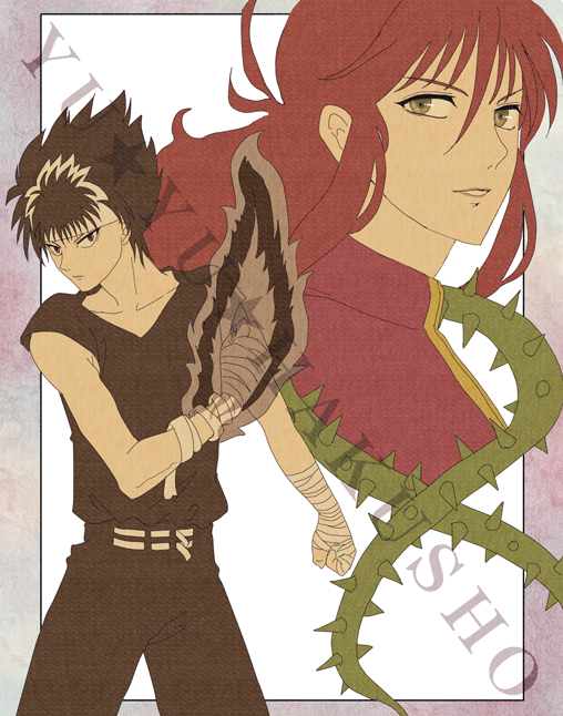 2boys androgynous black_hair hiei kurama long_hair male male_focus multiple_boys red_hair school_uniform yu_yu_hakusho yuu_yuu_hakusho