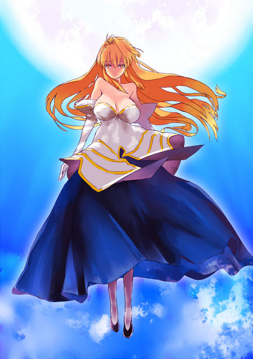 archetype_earth arcueid_brunestud artist_request blonde_hair breasts dress full_moon large_breasts long_hair moon red_eyes solo strapless strapless_dress tsukihime