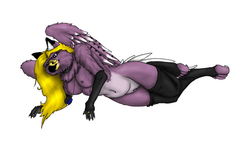 anthro avian bleuhawke blonde_hair breasts female fur gryphon hair lying necklace nipples nude on_side plain_background purple purple_feathers purple_fur pussy solo white_background wings