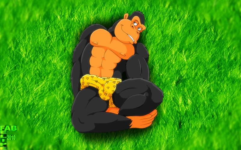 abs anthro ape balls biceps big_muscles big_penis black black_fur bulge clothed clothing fabfelipe front fur gorilla grass invalid_tag looking_at_viewer lying male mammal muscles nipples on_back pecs penis pinup pose primate seductive skimpy solo toony topless underwear