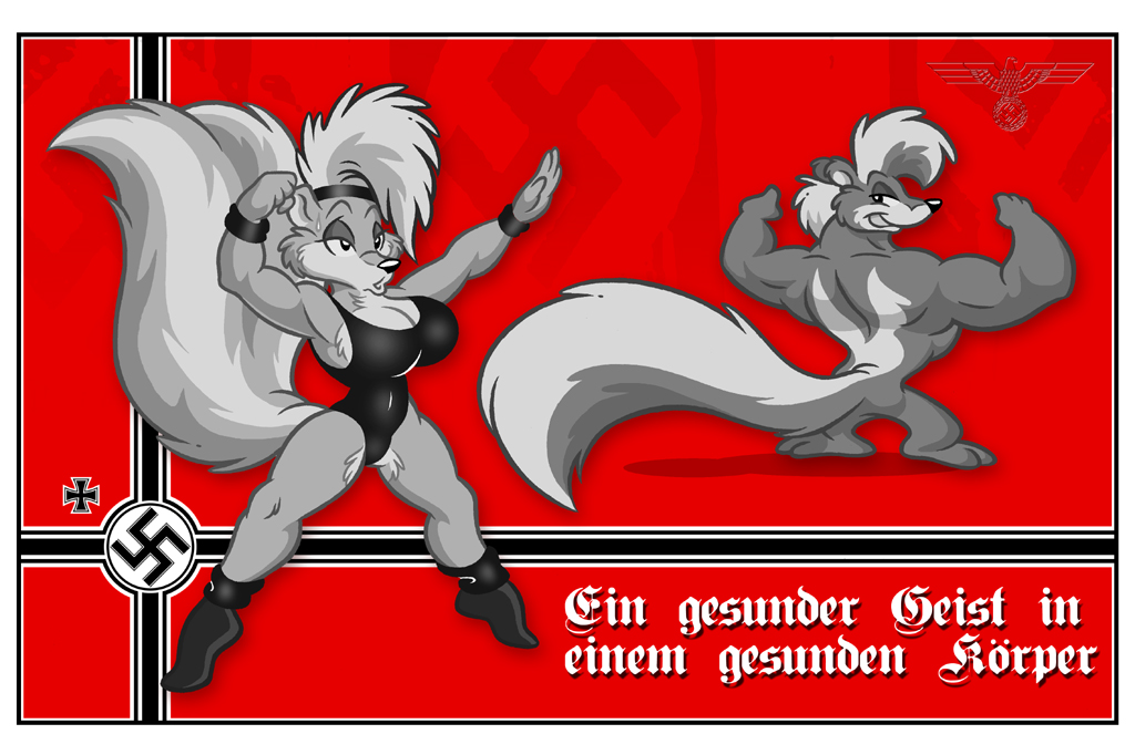 antti_remes avian biceps big_breasts bird breasts eagle exercise female flag german german_eagle german_text gym male mammal mephit muscles muscular_female nazi nazi_eagle nazi_ensign nazi_flag nazi_naval_ensign pose skunk swastika tail text workout