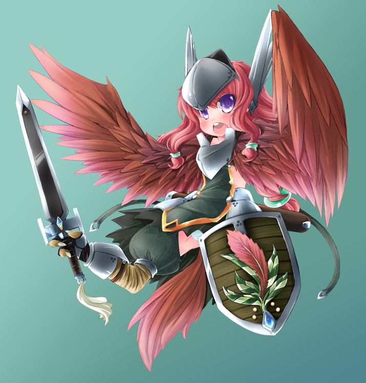 braid feathered_wings feathers harpy long_hair monster_girl naik original pink_hair purple_eyes shield solo sword weapon wings