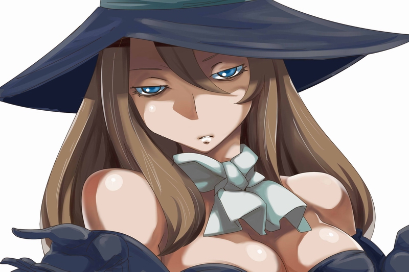 blue_eyes breasts brown_hair cleavage hat hekeniko large_breasts long_hair neck_ribbon ribbon shrug solo tactics_ogre witch_(tactics_ogre) witch_hat