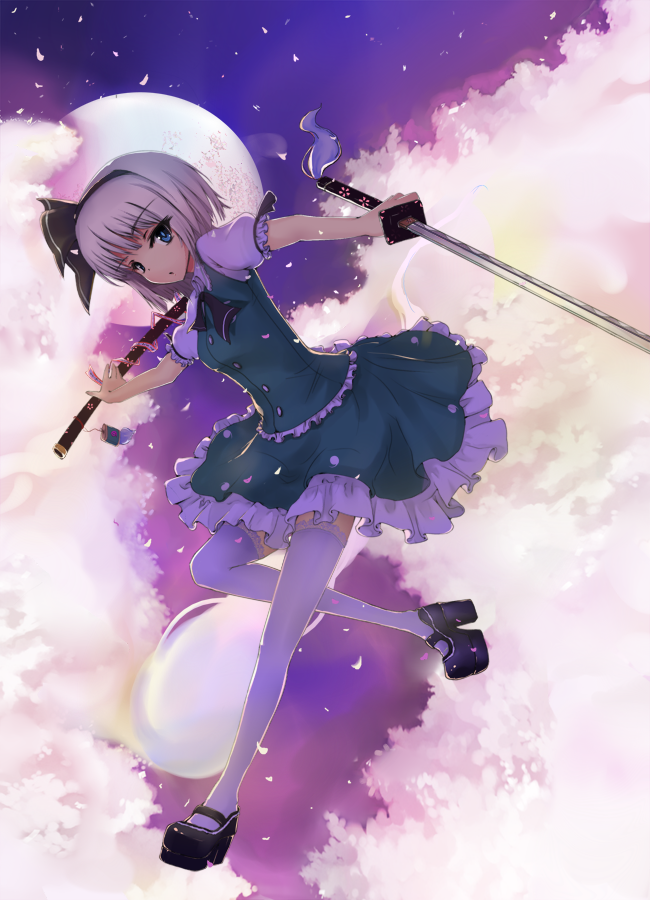 bad_id bad_pixiv_id black_hairband blue_eyes cherry_blossoms full_moon ghost hairband katana konpaku_youmu konpaku_youmu_(ghost) linsert mary_janes moon scabbard sheath shoes short_hair silver_hair solo sword thighhighs touhou weapon white_legwear