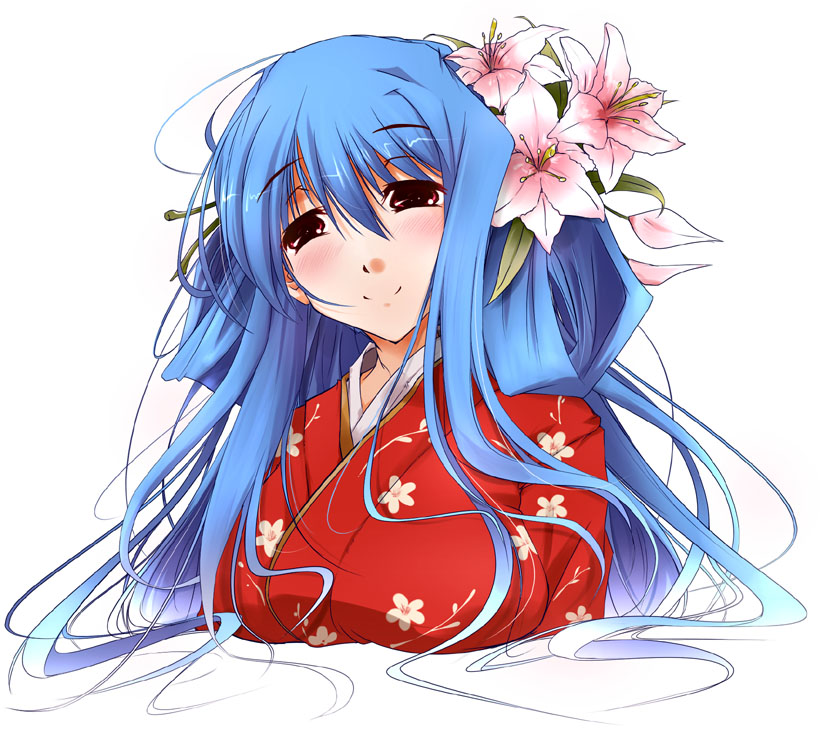 akeome blue_hair blush dizzy flower guilty_gear hair_flower hair_ornament happy_new_year japanese_clothes kimono lily_(flower) long_hair new_year nt50 red_eyes smile solo upper_body