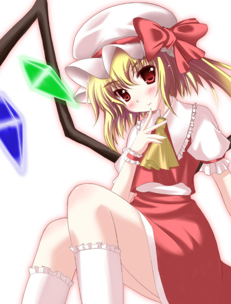 ascot bad_id bad_pixiv_id blonde_hair blush chester_(subculturetv) flandre_scarlet hat hat_ribbon red_eyes ribbon short_hair solo touhou wings