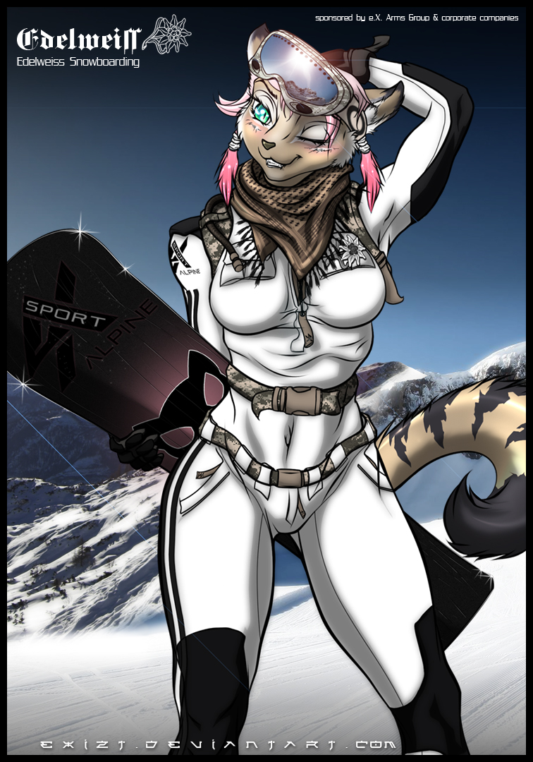 anthro buckle cat clothed clothing edelweiss exizt eyewear feline female goggles hair handkerchief mammal navel one_eye_closed photo_background pink_hair purple_hair short_hair snow snowboard solo stripes wink winter
