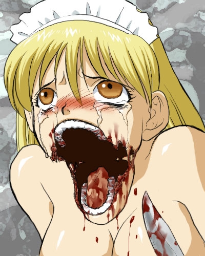 bare_shoulders blonde_hair blood blush brown_eyes cleavage glasgow_smile guro injury knife large_breasts long_hair lowres maid_headdress open_mouth tears teeth tongue topless weapon