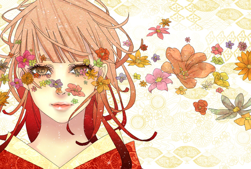 bad_id bad_pixiv_id brown_eyes eyes face flower gradient_hair hal_(suck_it) japanese_clothes kimono light_smile lips multicolored_hair orange_hair original red_hair solo surreal