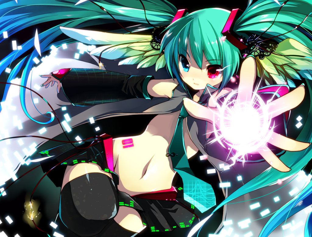 aqua_eyes aqua_hair detached_sleeves hatsune_miku head_wings heterochromia kaisanbutsu long_hair navel necktie open_clothes open_shirt red_eyes shirt skirt solo thighhighs twintails very_long_hair vocaloid