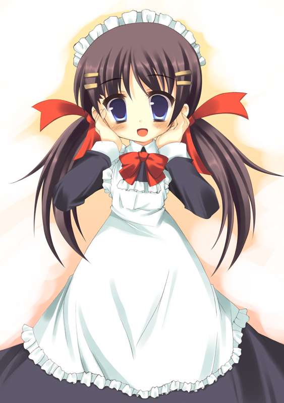 apron blue_eyes blush bow brown_hair copyright_request frills hair_ornament hair_ribbon hairclip hands_on_own_cheeks hands_on_own_face long_hair looking_at_viewer maid maid_headdress meito_(maze) open_mouth ribbon simple_background solo twintails